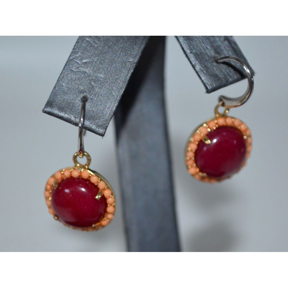 Vintage Fossil Silver Tone Gold Tone Pierced Earrings Round Red Glass Center